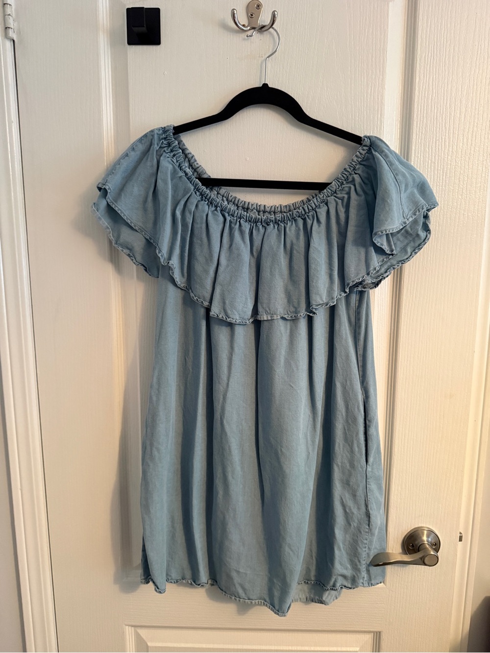 Zara Light Blue Denim Off-the-Shoulder Ruffle Dress